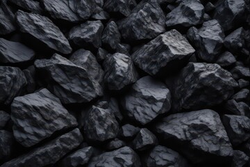Dark, craggy black rocks strewn across a black background, surface, gravel, dark