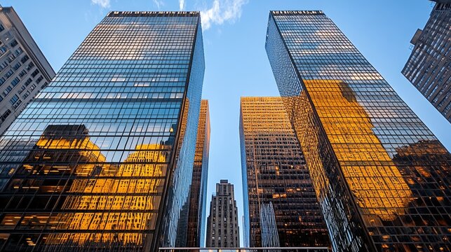 Torontos golden hour Skyscrapers pierce blue sky.