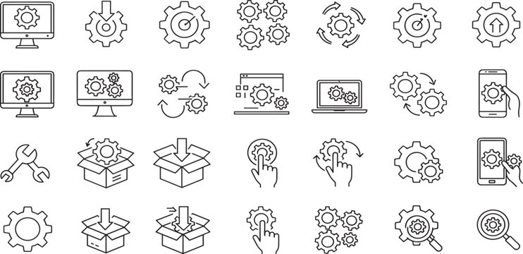 Update, upgrade, progress bar and install concept editable stroke outline icon isolated on white background flat vector illustration.