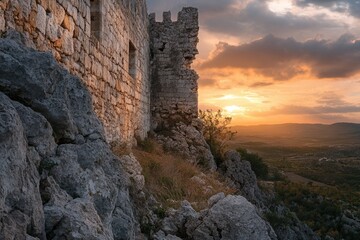 Fototapeta premium Sunset over the ruins of an ancient stone castle perched atop a rocky hill overlooking a scenic landscape.