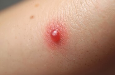Fototapeta premium Close-up of skin irritation from insect bite. Redness swelling, allergic reaction. Wasp sting result, painful ache on human skin. Dermatology, medical illustration of injury, sting.