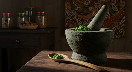 Still life of mortar and pestle with green substance and wooden spoon on wooden surface