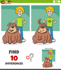 differences puzzle activity with happy cartoon boy and his dog