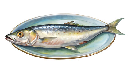 Fototapeta premium Artistic Rendering of a Whole Sardine on a Blue Oval Plate