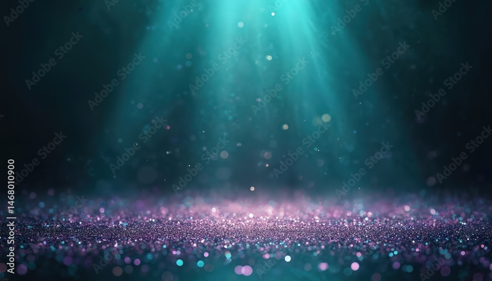 Poster illuminated teal, purple glitter sparkles on dark background. light rays, bokeh. abstract design wit