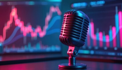 Retro microphone with financial charts, neon lights, podcasting concept. Illustration suitable audio recording, broadcasting, business investment, digital streaming, online content. Modern