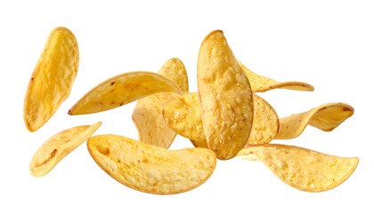 Multiple broad bean chips hovering with realistic texture and natural lighting on transparent background