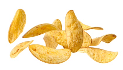 Multiple broad bean chips hovering with realistic texture and natural lighting on transparent background