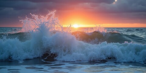 Fototapeta premium Dynamic Beauty of the Ocean During Sunset with a Large Wave Splashing - Coastal Scene, Evening Light, Natural Beauty.