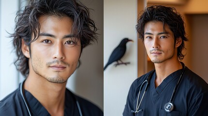 Man in scrubs, close-up portraits
