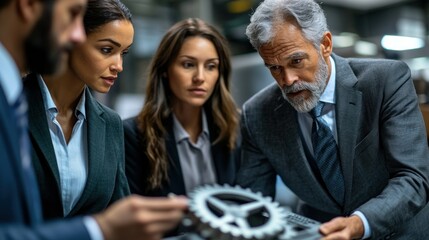 Business team examines a metal gear
