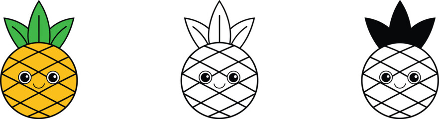 Pineapple Wearing Sunglasses Line Art Vector Set