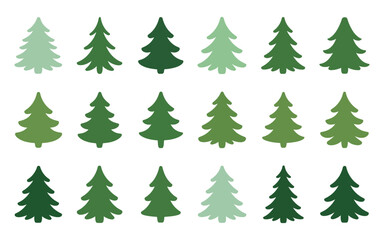 Eighteen Simple Green Christmas Trees in Varying Shades for Winter Holiday Designs