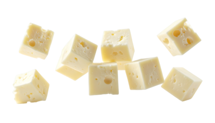 Cheese curds gently drifting with realistic texture and natural lighting, isolated on transparent background