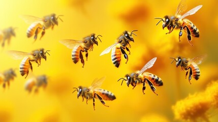 Buzzing bees in flight, amidst golden flowers