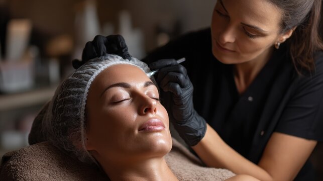 Beautician Applying Eyebrow Treatment in a Bright Salon With Soft Focus on Clients Relaxation and Care Generative AI