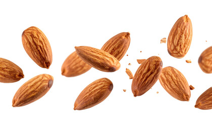 Multiple almonds hovering on transparent background with realistic texture and natural lighting
