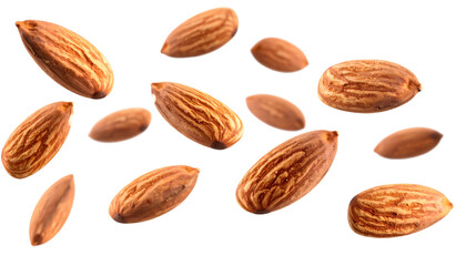 Obraz premium Many almonds with detailed texture and natural lighting are hovering on a transparent background