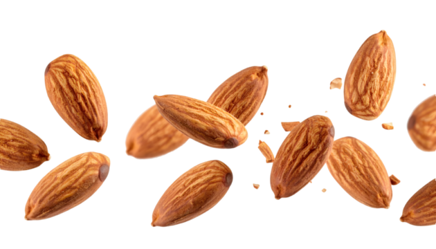 Multiple almonds hovering on transparent background with realistic texture and natural lighting