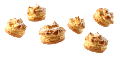 Multiple cream puffs gently drifting with realistic texture and natural lighting on transparent background
