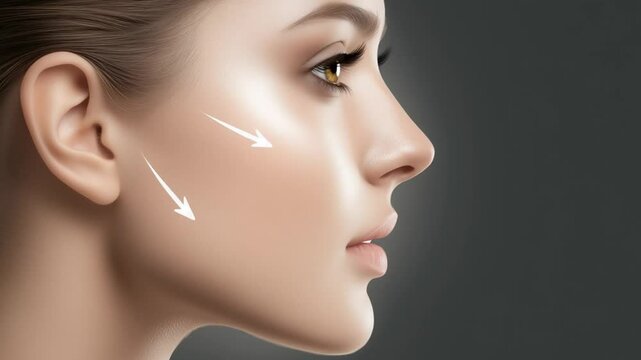 Profile of young woman with facelift arrows illustrated on cheek demonstrating concept of cosmetology and plastic surgery for skin rejuvenationon dark backgroundwith copy space