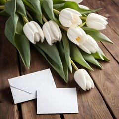 White Tulips and Blank Stationery on Wooden Background