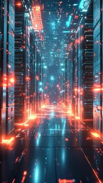 Futuristic Data Backup with Glowing Pathways in Secure Servers for Advanced Technology Visualization