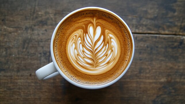 Artistic latte presentation on wooden backdrop, inviting warm beverage moment