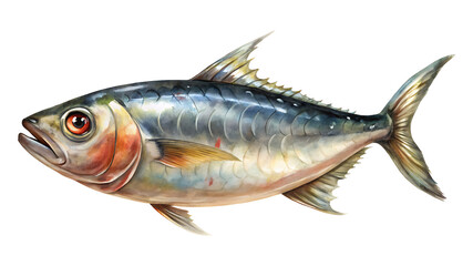 Fototapeta premium Watercolor illustration of a realistic sardine fish with detailed scales and fins