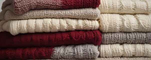 A stack of chunky knit sweaters in cream, grey, and burgundy hues , wool, colors
