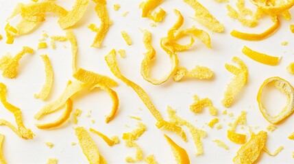 Fototapeta premium Top down view of dried lemon zest and lemon peel powder scattered on a white background overlay cut out on isolated transparent removed background