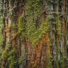 Ancient moss-covered tree trunk, weathered bark, lichen growth , brown, ancient, nature