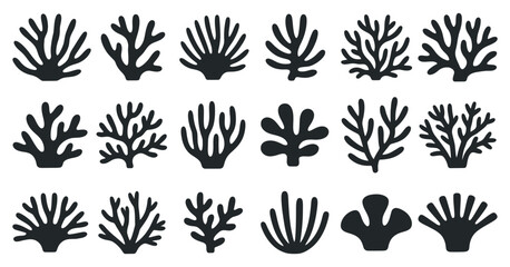 Eighteen Black Silhouettes of Various Seaweed and Coral Species © MOHAMMAD