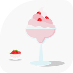 Ice cream in a glass with strawberries and pink whipped cream. Vector image on a transparent background