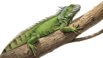 Obraz premium green full body iguana lying on a tree branch on white background