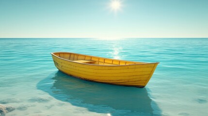 Naklejka premium Sunny yellow boat on tranquil sea