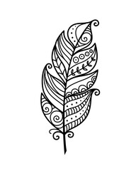 Hand drawn doodle feather in black outline. Decorative zentangle style element with intricate patterns. Ideal for coloring books, tattoos, or boho design projects.