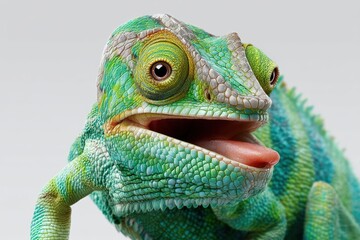 Fototapeta premium Colorful chameleon with vivid scales and striking eyes sticks out its tongue. Intricate details of skin texture highlight the animal's unique features, creating an engaging visual