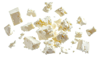 Crumbles of goat cheese falling on transparent background