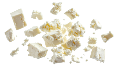 Crumbles of goat cheese falling on transparent background