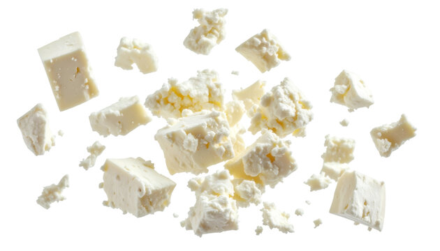 Crumbles of goat cheese falling on transparent background