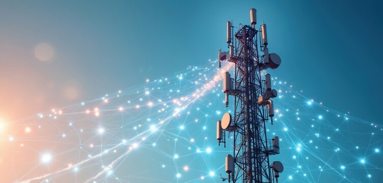 Telecommunication tower with glowing digital waves, modern 5G tech, wireless communication, global connectivity through data transmission. Innovations in datum transmission, cyberspace infrastructure.
