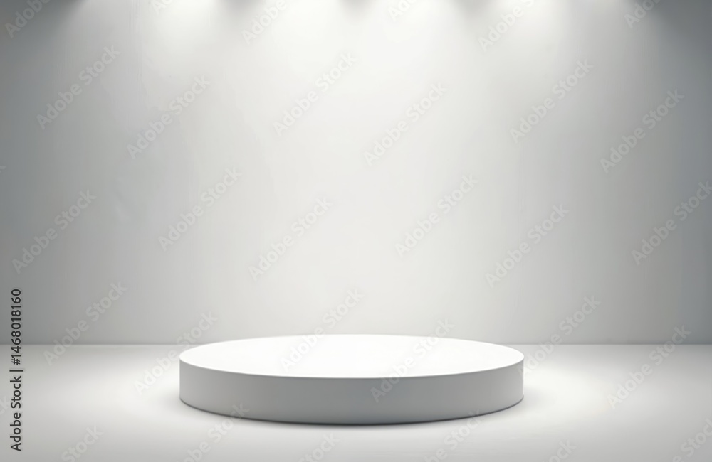 Poster Minimalist studio space with white pedestal illuminated by soft overhead lighting. Empty stage for product display. Light from spotlights adds ambience. Modern interior design.