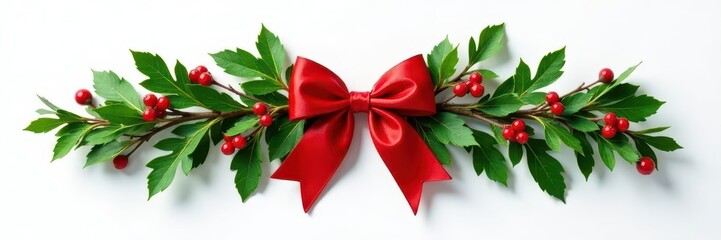 Lush mistletoe sprigs, adorned with a vibrant red ribbon bow, isolated on pure white , yuletide, close-up, xmas
