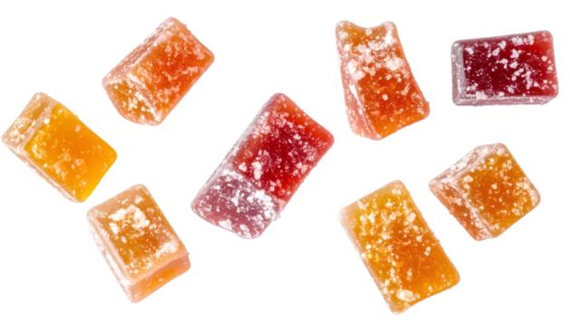 Multiple colorful hard candy pieces falling on transparent background