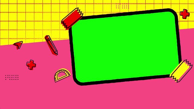 playful children green screen board illustration, colorful presentation cartoonish style, colored back to school template for kids content