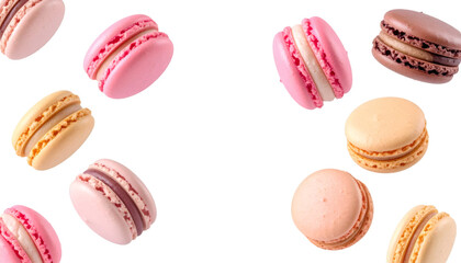 Obraz premium Colorful macarons of different flavors falling against a transparent background