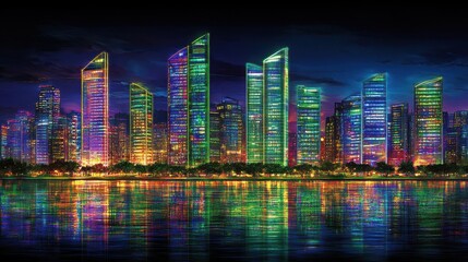 Obraz premium Vibrant cityscape illuminated reflections at night urban skyline with colorful lights and tall buildings creating a mesmerizing visual spectacle
