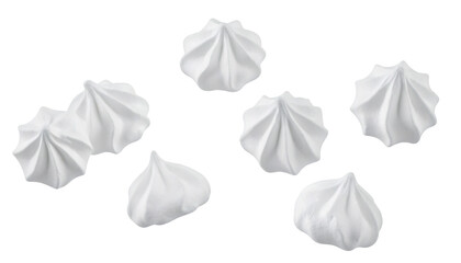 Multiple mini meringues falling on transparent background