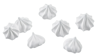 Multiple mini meringues falling on transparent background